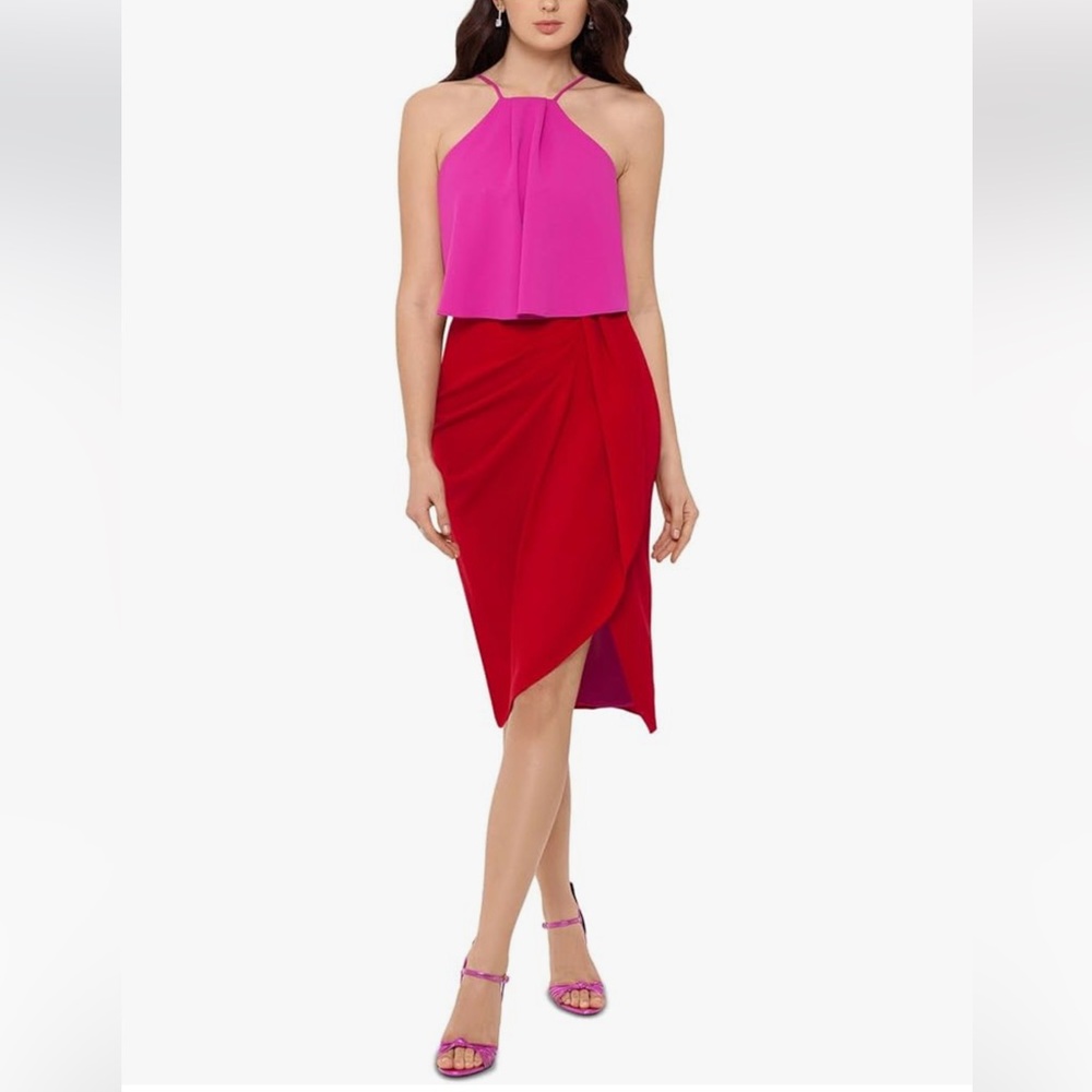 Betsy & Adam Colorblock Halter Dress Crepe Pink Red Women’s 4